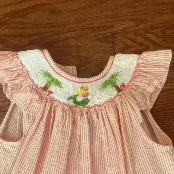 Posh Originals Smocked Seersucker Bishop Long Dress Mermaid Palm Trees Size 6X - Picture 10 of 10